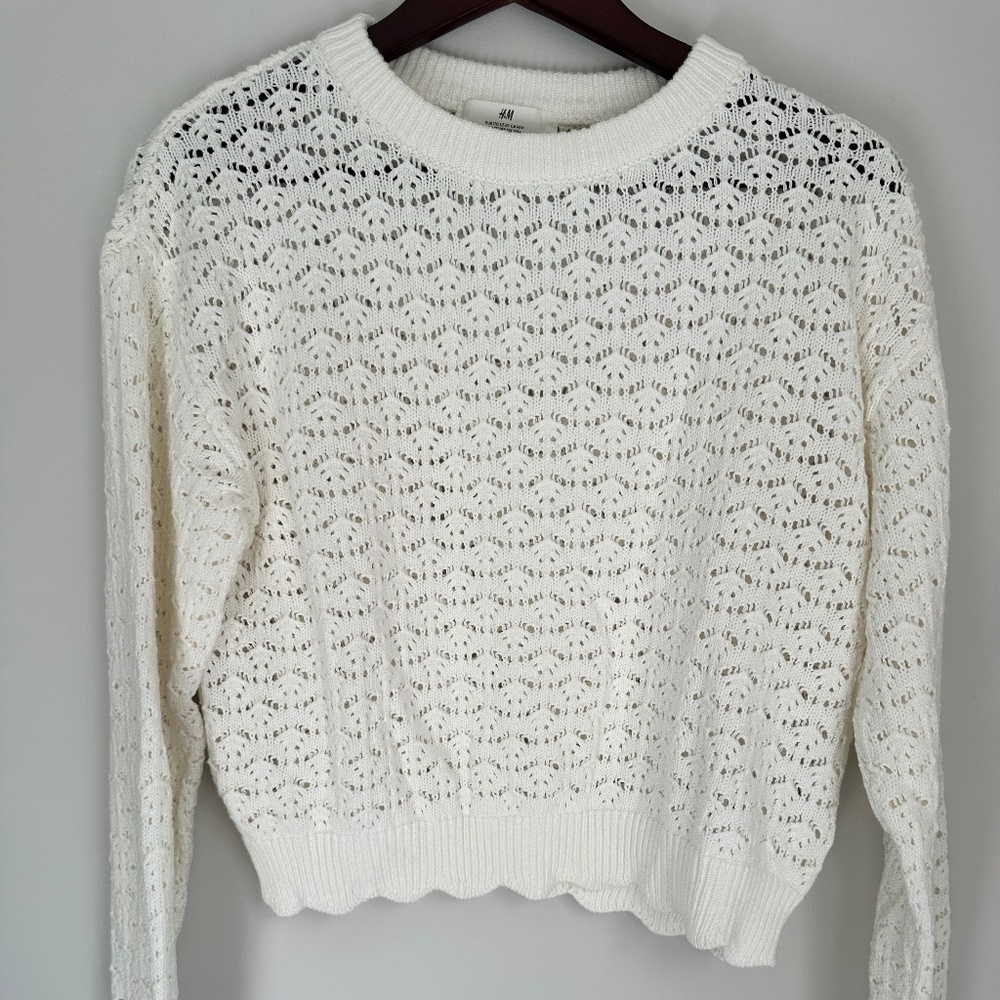 H&M Girls White Pointelle-Knit Sweater — Size US 20